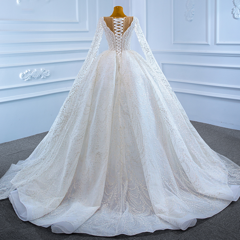 White luxury long sleeve wedding dress For Women 2022 V-neck Robe De Mariee beading pearls lace up bridal dress